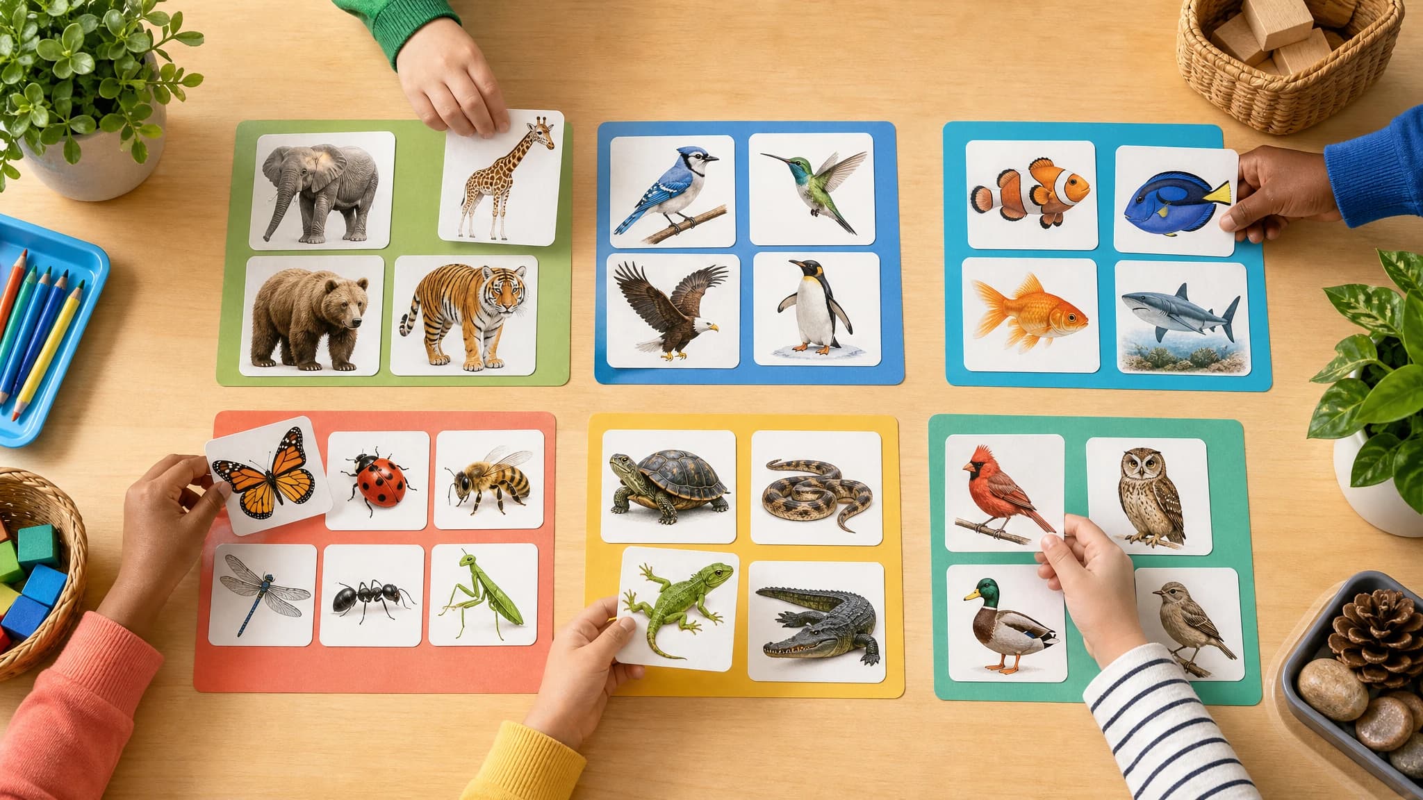 Children sorting animal cards into mammal, bird, fish, reptile, and insect groups